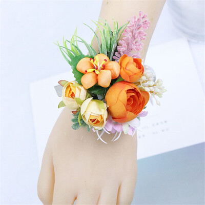 Meldel selyem rózsa boutonniere esküvői csukló fűző koszorúslányok karkötő vőlegény Boutonniere esküvői házasság fűző narancsvirág