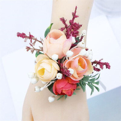 Meldel selyem rózsa boutonniere esküvői csukló fűző koszorúslányok karkötő vőlegény Boutonniere esküvői házasság fűző narancsvirág