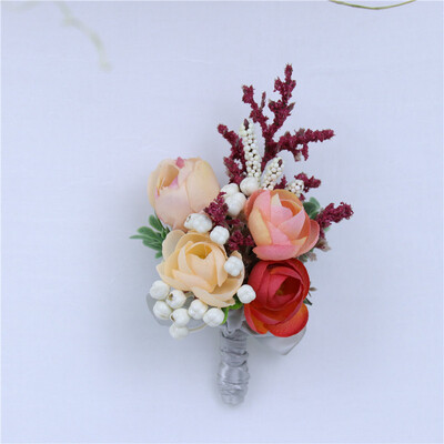 Meldel selyem rózsa boutonniere esküvői csukló fűző koszorúslányok karkötő vőlegény Boutonniere esküvői házasság fűző narancsvirág