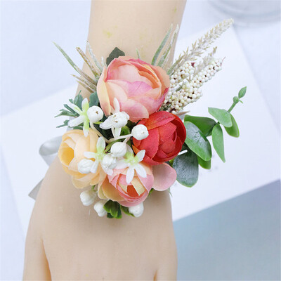 Meldel selyem rózsa boutonniere esküvői csukló fűző koszorúslányok karkötő vőlegény Boutonniere esküvői házasság fűző narancsvirág