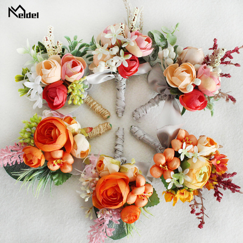 Meldel svilena ruža Boutonniere Wedding Wrist Corsage Bridesmaids Narukvica Groom Boutonniere Wedding Bracage Corsage Orange Flower