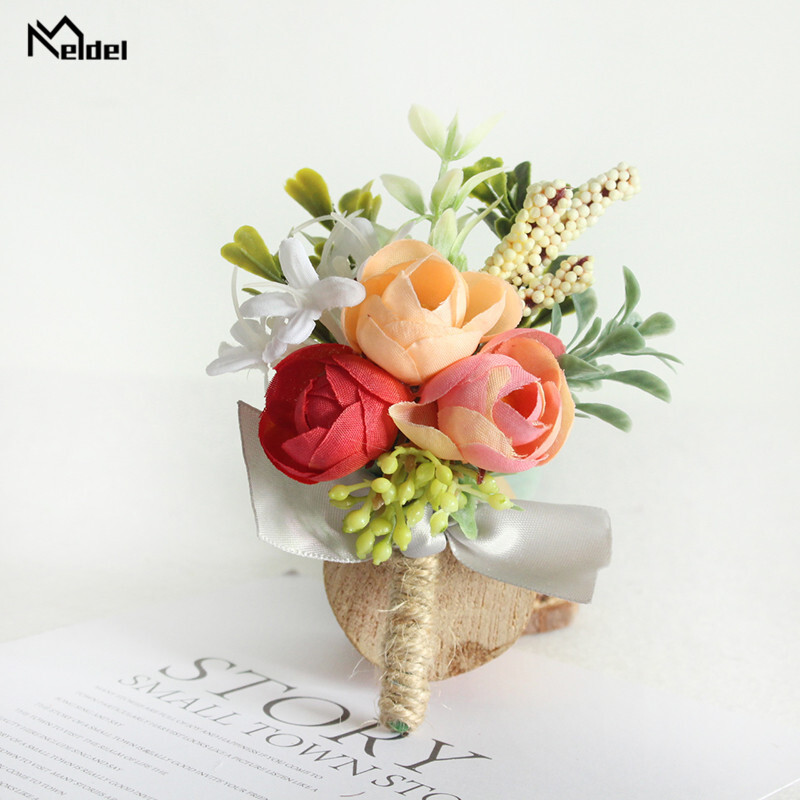 Meldel svilena ruža Boutonniere Wedding Wrist Corsage Bridesmaids Narukvica Groom Boutonniere Wedding Bracage Corsage Orange Flower