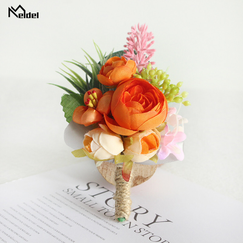 Meldel svilena ruža Boutonniere Wedding Wrist Corsage Bridesmaids Narukvica Groom Boutonniere Wedding Bracage Corsage Orange Flower