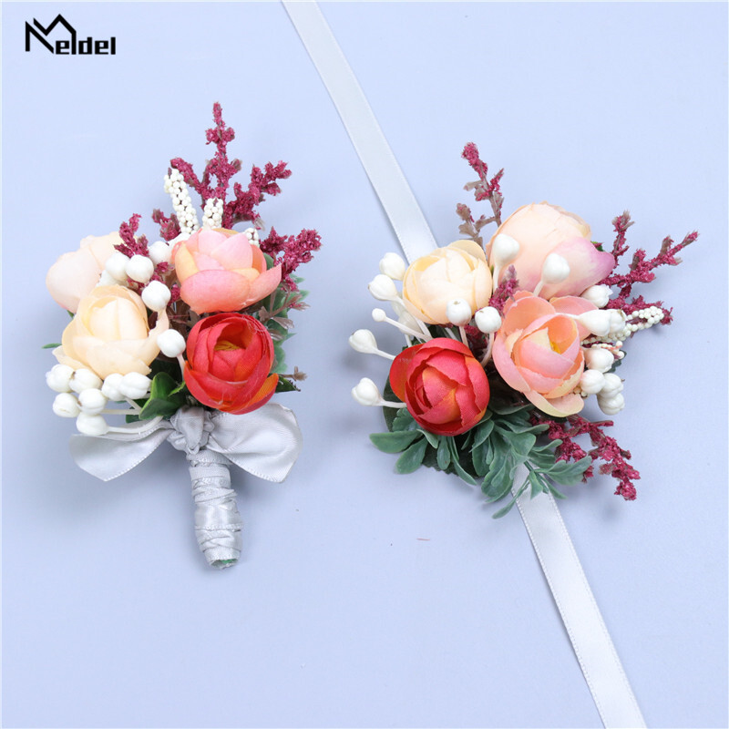 Meldel svilena ruža Boutonniere Wedding Wrist Corsage Bridesmaids Narukvica Groom Boutonniere Wedding Bracage Corsage Orange Flower
