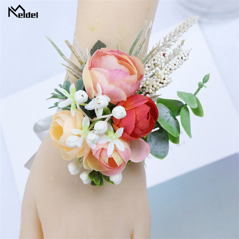 Meldel svilena ruža Boutonniere Wedding Wrist Corsage Bridesmaids Narukvica Groom Boutonniere Wedding Bracage Corsage Orange Flower