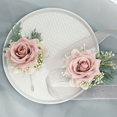 Set od 2 komada Purpurna ruža, šampanjac, vjenčani korzaž i boutonniere Set za mladenku, djeverušu, mladoženju, cvjetne dodatke