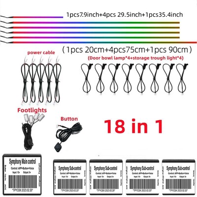 Lumină ambientală LED universală 18 în 1 cu zonă duală pentru mașină RGB 64 de culori Bandă acrilică interioară pentru iluminare din spate Ghid pentru decorare Lampă de atmosferă