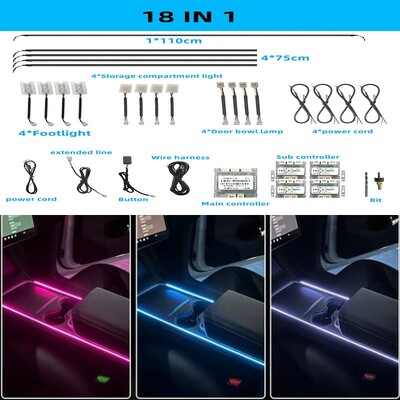 Lumină ambientală LED universală 18 în 1 cu zonă duală pentru mașină RGB 64 de culori Bandă acrilică interioară pentru iluminare din spate Ghid pentru decorare Lampă de atmosferă