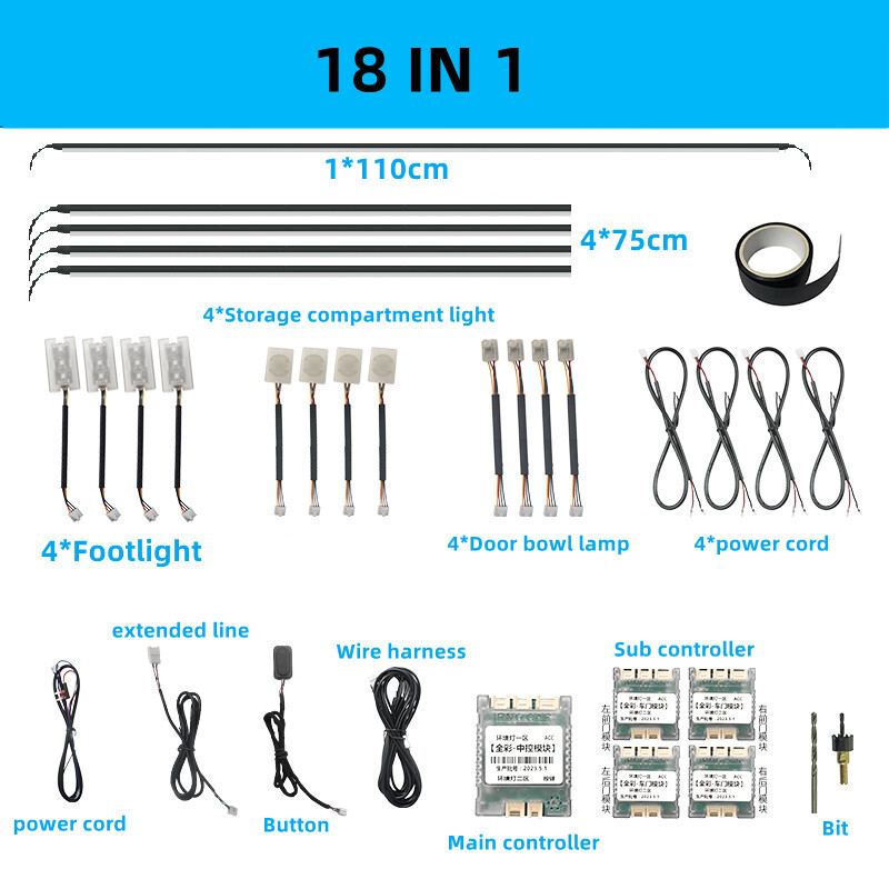 Lumină ambientală LED universală 18 în 1 cu zonă duală pentru mașină RGB 64 de culori Bandă acrilică interioară pentru iluminare din spate Ghid pentru decorare Lampă de atmosferă