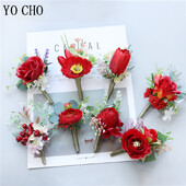 YO CHO Groomsmen Boutonniere Red Rose Tulip Bridesmaid Wrist Corsage Sims Azalea Bracelet Party Prom Wedding Corsage Silk Flower