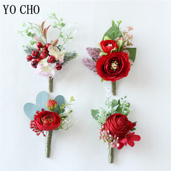 YO CHO Groomsmen Boutonniere Red Rose Tulip Bridesmaid Wrist Corsage Sims Azalea Bracelet Party Prom Wedding Corsage Silk Flower