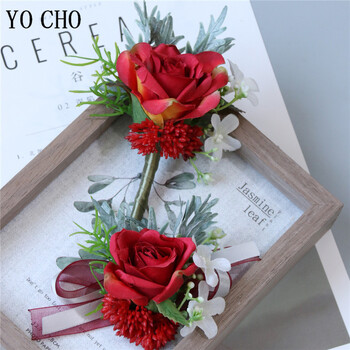 YO CHO Groomsmen Boutonniere Red Rose Tulip Bridesmaid Wrist Corsage Sims Azalea Bracelet Party Prom Wedding Corsage Silk Flower