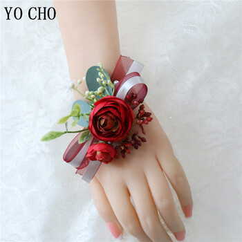 YO CHO Groomsmen Boutonniere Red Rose Tulip Bridesmaid Wrist Corsage Sims Azalea Bracelet Party Prom Wedding Corsage Silk Flower