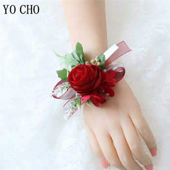 YO CHO Groomsmen Boutonniere Red Rose Tulip Bridesmaid Wrist Corsage Sims Azalea Bracelet Party Prom Wedding Corsage Silk Flower