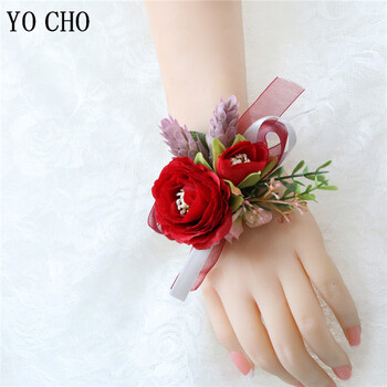 YO CHO Groomsmen Boutonniere Red Rose Tulip Bridesmaid Wrist Corsage Sims Azalea Bracelet Party Prom Wedding Corsage Silk Flower