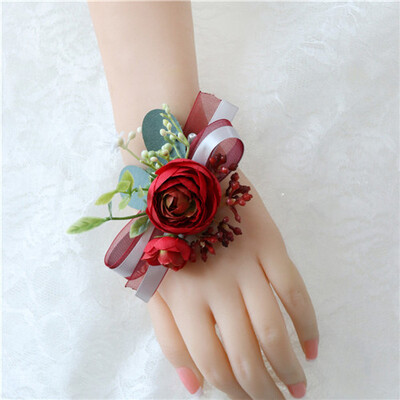 YO CHO Groomsmen Boutonniere Red Rose Tulip Bridesmaid Wrist Corsage Sims Azalea Bracelet Party Prom Wedding Corsage Silk Flower