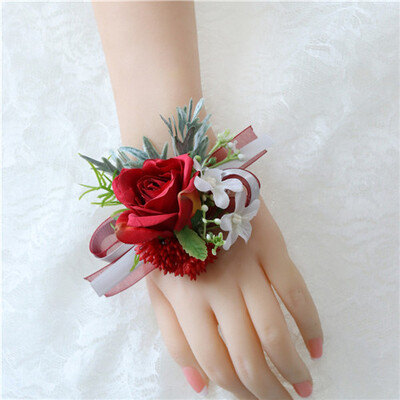 YO CHO Groomsmen Boutonniere Red Rose Tulip Bridesmaid Wrist Corsage Sims Azalea Bracelet Party Prom Wedding Corsage Silk Flower