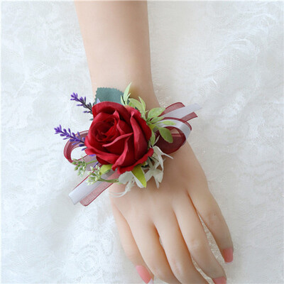 YO CHO Groomsmen Boutonniere Red Rose Tulip Bridesmaid Wrist Corsage Sims Azalea Bracelet Party Prom Wedding Corsage Silk Flower