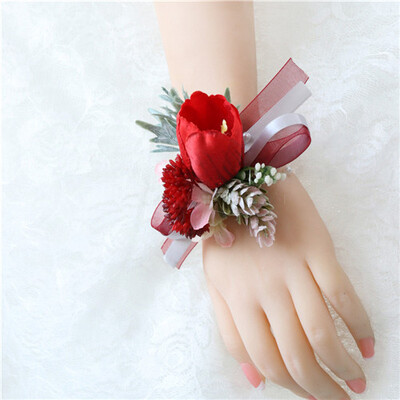 YO CHO Groomsmen Boutonniere Red Rose Tulip Bridesmaid Wrist Corsage Sims Azalea Bracelet Party Prom Wedding Corsage Silk Flower