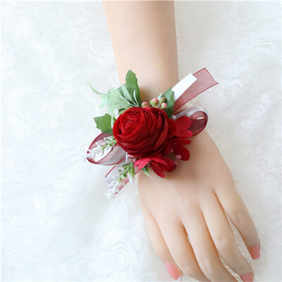 YO CHO Groomsmen Boutonniere Red Rose Tulip Bridesmaid Wrist Corsage Sims Azalea Bracelet Party Prom Wedding Corsage Silk Flower