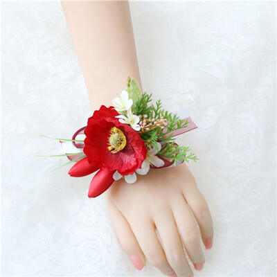 YO CHO Groomsmen Boutonniere Red Rose Tulip Bridesmaid Wrist Corsage Sims Azalea Bracelet Party Prom Wedding Corsage Silk Flower