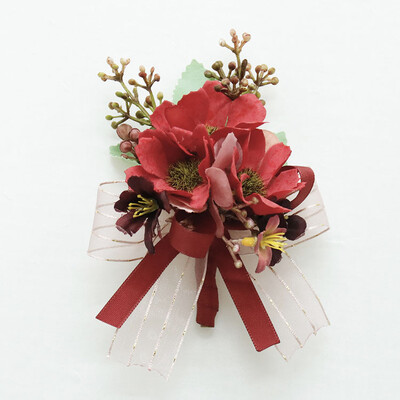 Μπουτονιέρες γάμου ανάμεικτα κόκκινα λουλούδια για γαμπρό με κορδέλα Μεταξωτό τριαντάφυλλο Επετειακός παράνυμφος κορσάζ Botonier καρπού boda hombre