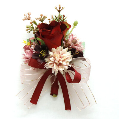 Μπουτονιέρες γάμου ανάμεικτα κόκκινα λουλούδια για γαμπρό με κορδέλα Μεταξωτό τριαντάφυλλο Επετειακός παράνυμφος κορσάζ Botonier καρπού boda hombre