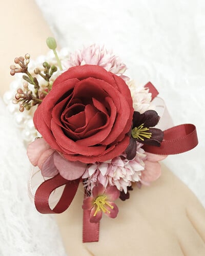 Μπουτονιέρες γάμου ανάμεικτα κόκκινα λουλούδια για γαμπρό με κορδέλα Μεταξωτό τριαντάφυλλο Επετειακός παράνυμφος κορσάζ Botonier καρπού boda hombre