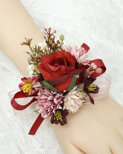Μπουτονιέρες γάμου ανάμεικτα κόκκινα λουλούδια για γαμπρό με κορδέλα Μεταξωτό τριαντάφυλλο Επετειακός παράνυμφος κορσάζ Botonier καρπού boda hombre