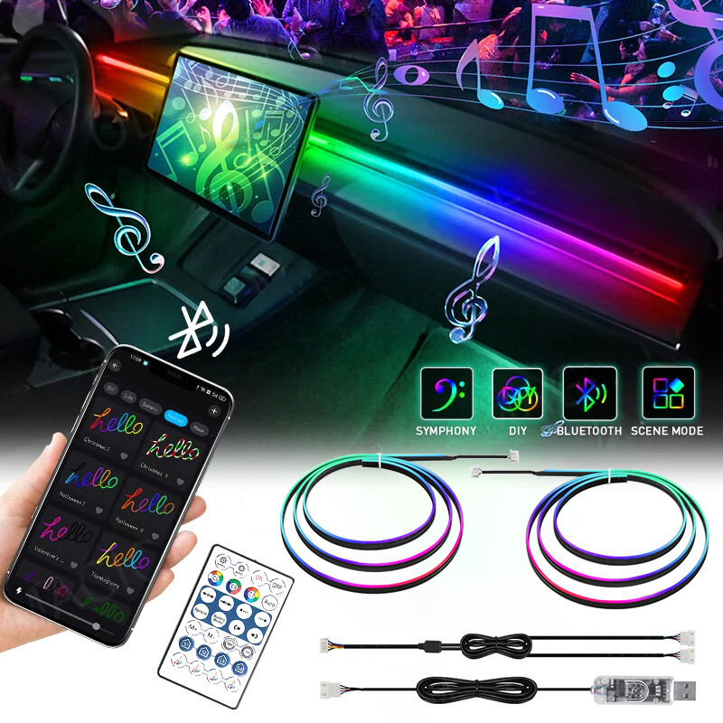 110 CM + 110 CM Led pentru mașină Symphony RGB Benzi de lumină ambientală Consolă Lampă de neon acrilic ascunsă Decorare automată Lampă de atmosferă Cablu USB
