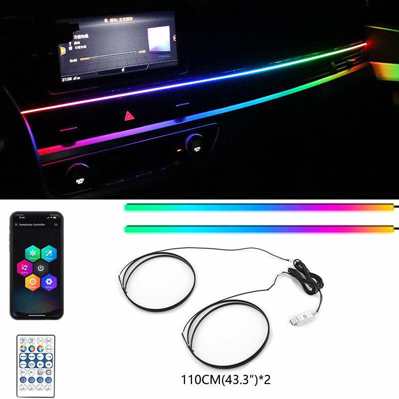110 CM + 110 CM Led pentru mașină Symphony RGB Benzi de lumină ambientală Consolă Lampă de neon acrilic ascunsă Decorare automată Lampă de atmosferă Cablu USB