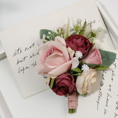 Κόκκινο και ροζ τριαντάφυλλο μπουτονιέρα γάμου για τη νύφη Μεταξωτό τριαντάφυλλο κορσάζ Αξεσουάρ γάμου Χειροποίητο ramillete boda novio