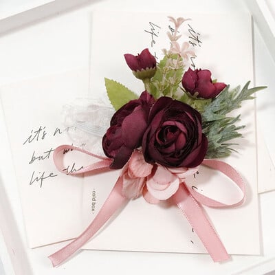 Κόκκινο και ροζ τριαντάφυλλο μπουτονιέρα γάμου για τη νύφη Μεταξωτό τριαντάφυλλο κορσάζ Αξεσουάρ γάμου Χειροποίητο ramillete boda novio