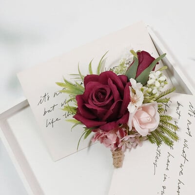 Κόκκινο και ροζ τριαντάφυλλο μπουτονιέρα γάμου για τη νύφη Μεταξωτό τριαντάφυλλο κορσάζ Αξεσουάρ γάμου Χειροποίητο ramillete boda novio