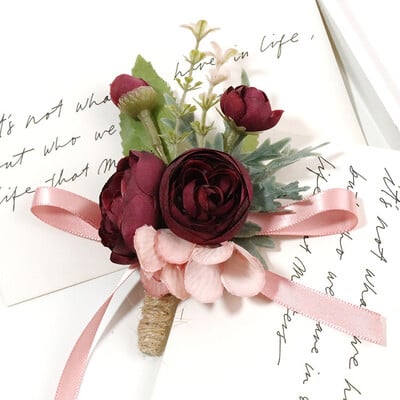 Κόκκινο και ροζ τριαντάφυλλο μπουτονιέρα γάμου για τη νύφη Μεταξωτό τριαντάφυλλο κορσάζ Αξεσουάρ γάμου Χειροποίητο ramillete boda novio