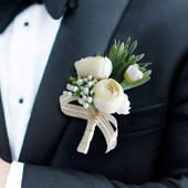 Boutonniere virágok műrózsák selyem elefántcsont fűző gomblyuk vőfélyek Boutonniere férfiaknak esküvői kiegészítők