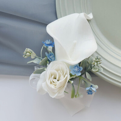 Boutonniere Wrist Corsage Wedding Banket Family Guest Simulation Flower Mladenka i mladenka Bijelo Plava 2406