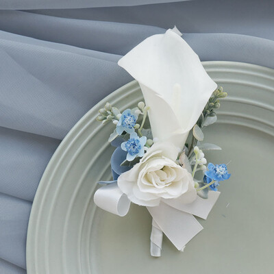 Boutonniere Wrist Corsage Wedding Banket Family Guest Simulation Flower Mladenka i mladenka Bijelo Plava 2406