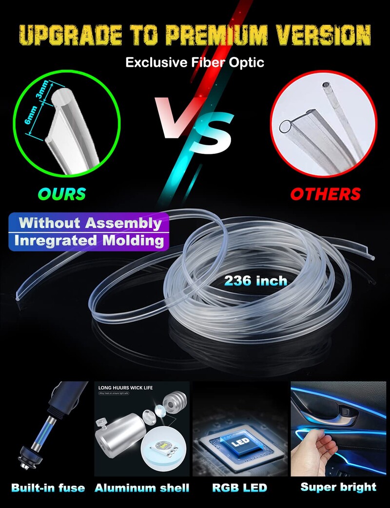 Lumini ambientale interioare cu LED neon pentru mașină, bandă RGB cu fibră optică de 315 inchi, aplicație USB, control sunet de la distanță, lampă decorativă pentru atmosferă automată