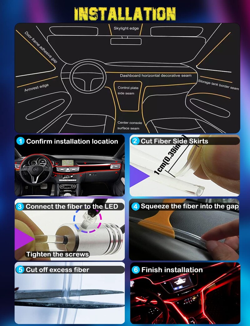 Lumini ambientale interioare cu LED neon pentru mașină, bandă RGB cu fibră optică de 315 inchi, aplicație USB, control sunet de la distanță, lampă decorativă pentru atmosferă automată