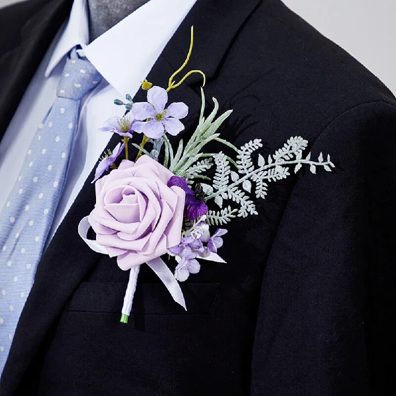 Ljubičasti korzaž i boutonniere Narukvice s umjetnim cvijećem za maturalnu večer Korsaž narukvice za povratak kući Boutonniere za muškarce