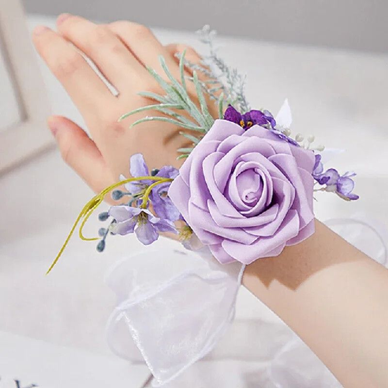 Ljubičasti korzaž i boutonniere Narukvice s umjetnim cvijećem za maturalnu večer Korsaž narukvice za povratak kući Boutonniere za muškarce