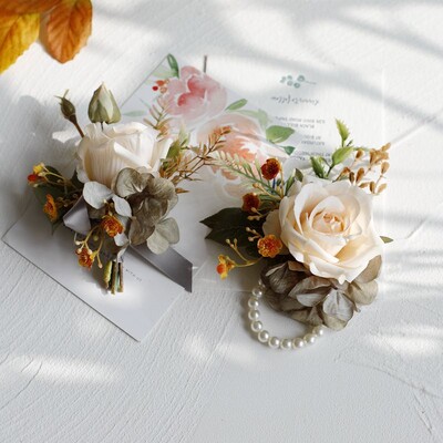 Vintage Rose Flowers Boutonnieres Csukló Corsage Koszorúslány Esküvői Kiegészítők бутоньерки на свадьбу