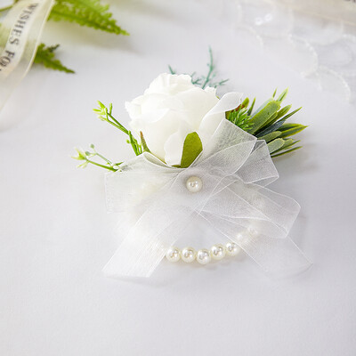 Εξαιρετική τεχνητή παιώνια τριαντάφυλλο καρπού κορσάζ Χειροποίητη ανδρική μπουτονιέρα για νύφη για γαμήλιο πάρτι (ιβουάρ)