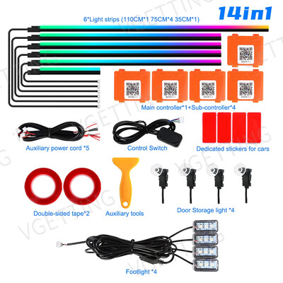 Vgetting 18 în 1 Lumini ambientale pentru mașină Symphony LED Benzi acrilice interioare Buton pentru lumină atmosferă Control APP RGB 64 de culori 12V
