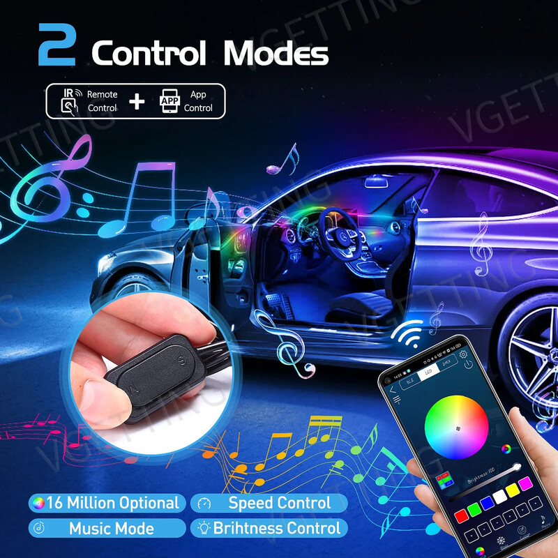 Vgetting 18 în 1 Lumini ambientale pentru mașină Symphony LED Benzi acrilice interioare Buton pentru lumină atmosferă Control APP RGB 64 de culori 12V