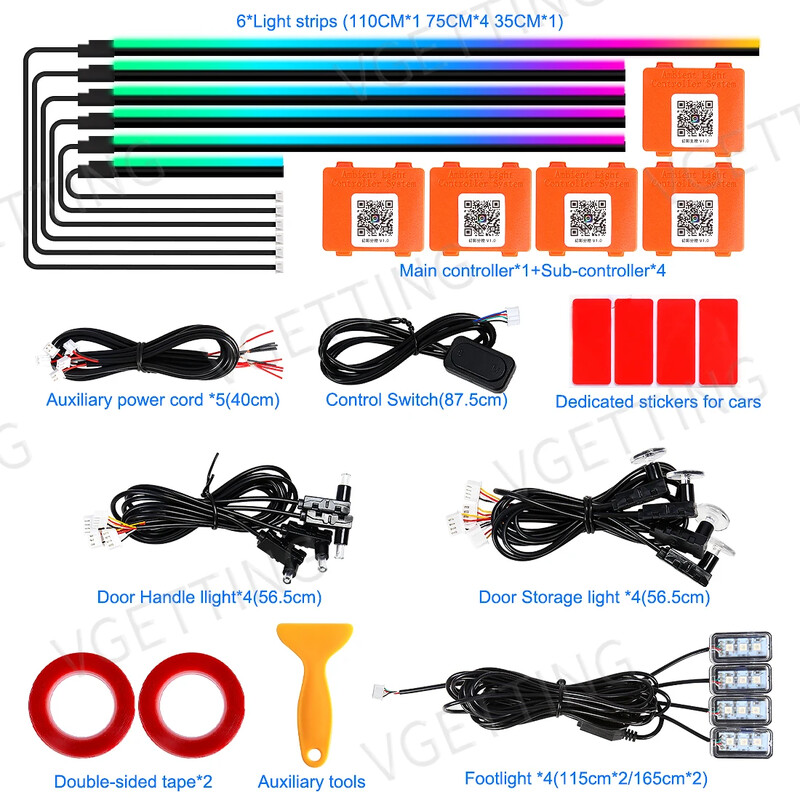 Vgetting 18 în 1 Lumini ambientale pentru mașină Symphony LED Benzi acrilice interioare Buton pentru lumină atmosferă Control APP RGB 64 de culori 12V