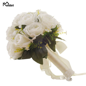 Ανθοδέσμη Meldel Bride Wedding Flower Bridesmaid Ανθοδέσμη από τεχνητό μεταξωτό τριαντάφυλλο Λευκό ψεύτικο μαργαριτάρι κρύσταλλο προμήθειες γάμου χορού