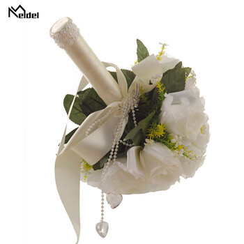 Ανθοδέσμη Meldel Bride Wedding Flower Bridesmaid Ανθοδέσμη από τεχνητό μεταξωτό τριαντάφυλλο Λευκό ψεύτικο μαργαριτάρι κρύσταλλο προμήθειες γάμου χορού