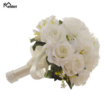 Ανθοδέσμη Meldel Bride Wedding Flower Bridesmaid Ανθοδέσμη από τεχνητό μεταξωτό τριαντάφυλλο Λευκό ψεύτικο μαργαριτάρι κρύσταλλο προμήθειες γάμου χορού